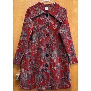 Vintage CMC Tapestry Coat Floral Brocade Art To Wear Longline Button Red Sz M